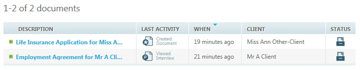 Documents tab document table